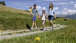 Eine Familie mit Kindern genießt einen Spaziergang auf einem schmalen Weg.